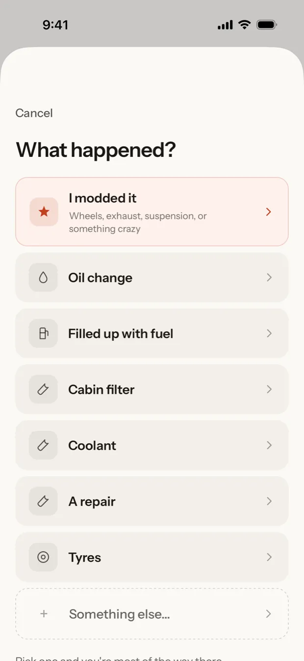 Logging a service in Motored: what was done, the date, the odometer reading and the cost.