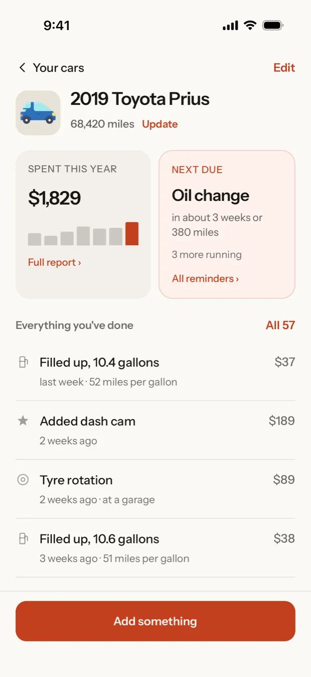 A car’s page in Motored: 2019 Toyota Prius, spend this year, an oil change due in about three weeks, and a list of everything logged.