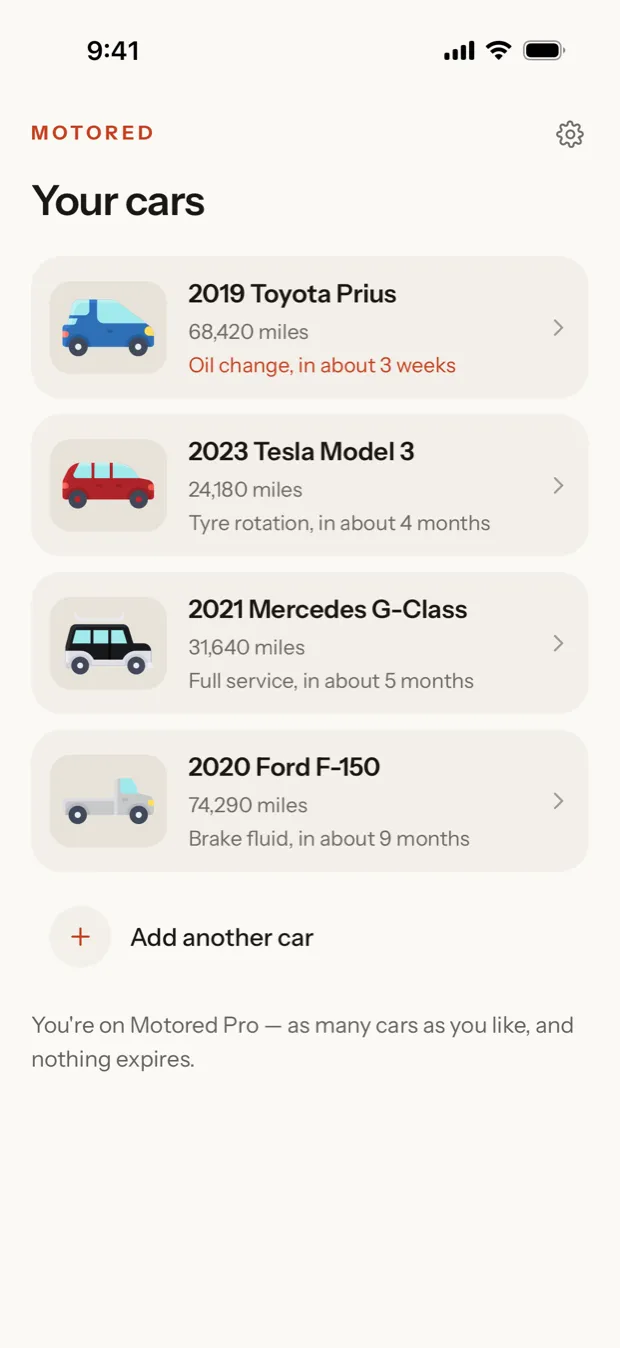 The Motored garage, showing several cars each with its own mileage and next due service.