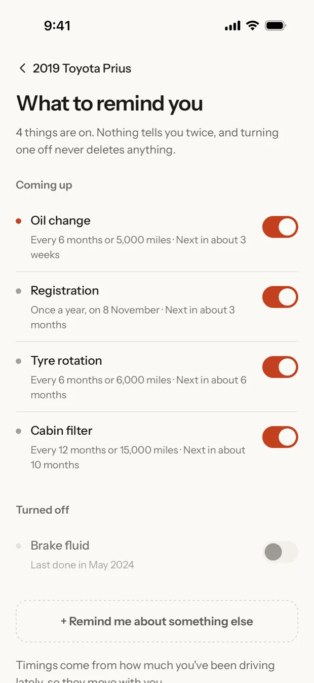 Motored’s reminders screen, each service showing how far away it is in both months and miles.